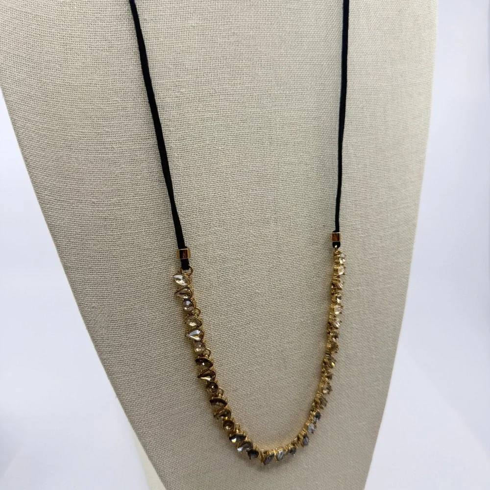 Gold Tone Smoky Gray Champagne Faceted Crystal Teardrop Cord Statement Necklace